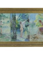 Ancien tableau portrait femme nue nymphe trois grâces au bain Louis Delfau - Miniature 3