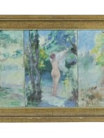 Ancien tableau portrait femme nue nymphe trois grâces au bain Louis Delfau - Miniature 9