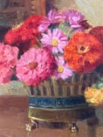 Tableau, ancien belle époque bouquet de fleurs jardinière porcelaine XIXe HST - Miniature 1