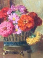 Tableau, ancien belle époque bouquet de fleurs jardinière porcelaine XIXe HST - Miniature 3