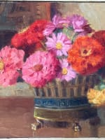 Tableau, ancien belle époque bouquet de fleurs jardinière porcelaine XIXe HST - Miniature 4