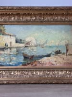 Tableau ancien marine vue du village des Martigues bord de mer bateau Olive - Miniature 3
