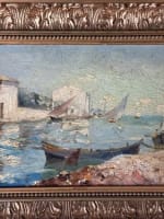 Tableau ancien marine vue du village des Martigues bord de mer bateau Olive - Miniature 8