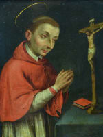 Beau tableau ancien religieux 17ème portrait de saint Charles de Borromée cuivre - Miniature 1