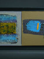 Ancien tableau abstrait contemporain Cosmos signé Nash cadre x 2 - Miniature 1