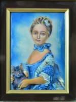 Tableau ancien émail Limoges portrait de jeune fille et chat Perronneau enamel - Miniature 4