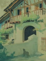 Ancien tableau Pays Basque maison chien portrait Raoul Serres Art déco aquarelle - Miniature 1