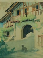 Ancien tableau Pays Basque maison chien portrait Raoul Serres Art déco aquarelle - Miniature 3