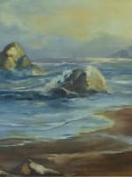 Ancien beau tableau marine bord de mer côte rocheuse Normandie signé - Miniature 1