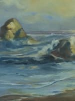 Ancien beau tableau marine bord de mer côte rocheuse Normandie signé - Miniature 3