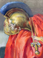 Ancienne aquarelle nature morte théâtre costume rouge glaive centurion Rome signé - Miniature 3