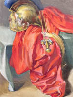 Ancienne aquarelle nature morte théâtre costume rouge glaive centurion Rome signé - Miniature 7