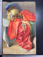 Ancienne aquarelle nature morte théâtre costume rouge glaive centurion Rome signé - Miniature 8