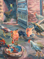 Ancienne aquarelle signée G. Geraud coqs poules poulailler basse cour 1920 - Miniature 1