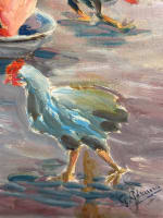 Ancienne aquarelle signée G. Geraud coqs poules poulailler basse cour 1920 - Miniature 4