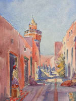 Ancienne aquarelle orientaliste par Geraud rue animée à Bizerte, Tunisie 1910 - Miniature 1