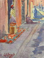 Ancienne aquarelle orientaliste par Geraud rue animée à Bizerte, Tunisie 1910 - Miniature 3