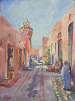 Ancienne aquarelle orientaliste par Geraud rue animée à Bizerte, Tunisie 1910 - Miniature 6