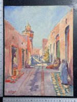 Ancienne aquarelle orientaliste par Geraud rue animée à Bizerte, Tunisie 1910 - Miniature 7