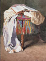 Ancienne aquarelle signée G. Geraud nature morte livre drapé pouf tissu 1914 - Miniature 1