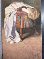 Ancienne aquarelle signée G. Geraud nature morte livre drapé pouf tissu 1914 - Miniature 6