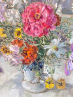 Tableau bouquet de fleurs tapis huile toile Hélène Rivière Toulouse Henri Martin - Miniature 5