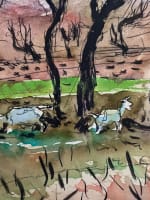 Ancien dessin paysage d'hiver arboré et chèvre troupeaux Jean Terles Art Deco - Miniature 1