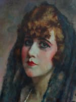 Ancien beau tableau portrait jeune femme rousse mantille Charles Guerin 1900 AN - Miniature 7
