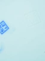 Ancien grand plat blanc bleu signé Japon Edo Meiji décor papillon étang XIXe 46 cm - Miniature 7