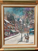 Ancien tableau Paris neige Montmartre place du Tertre autoportrait CL. Dumont - Miniature 2