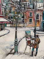 Ancien tableau Paris neige Montmartre place du Tertre autoportrait CL. Dumont - Miniature 3