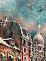 Ancien tableau Paris neige Montmartre place du Tertre autoportrait CL. Dumont - Miniature 4
