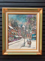 Ancien tableau Paris neige Montmartre place du Tertre autoportrait CL. Dumont - Miniature 9