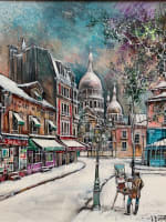 Ancien tableau Paris neige Montmartre place du Tertre autoportrait CL. Dumont - Miniature 10
