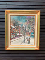 Ancien tableau Paris neige Montmartre place du Tertre autoportrait CL. Dumont - Miniature 12