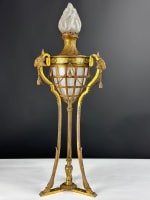 Ancienne grande lampe pétrole bronze Louis XVI béliers chaine parfum athénienne - Miniature 3