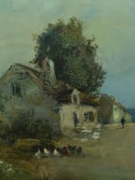 Tableau ancien paysage animé ferme basse cour Normandie XIXe HST cadre Henry - Miniature 5