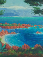 Tableau ancien vue paysage mer la baie de Cannes pins parasol marine été 142cm - Miniature 1