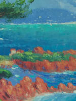 Tableau ancien vue paysage mer la baie de Cannes pins parasol marine été 142cm - Miniature 4