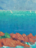 Tableau ancien vue paysage mer la baie de Cannes pins parasol marine été 142cm - Miniature 8