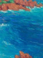 Tableau ancien vue paysage mer la baie de Cannes pins parasol marine été 142cm - Miniature 9