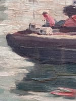 Tableau ancien paysage marine Bretagne port de Bénodet bateaux pêche toile 1930 - Miniature 7