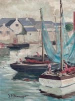 Tableau ancien paysage marine Bretagne port de Bénodet bateaux pêche toile 1930 - Miniature 14
