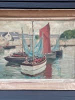 Tableau ancien paysage marine Bretagne port de Bénodet bateaux pêche toile 1930 - Miniature 16