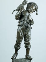 Grand bronze ancien sculpture portrait enfant au chevreau Emile Laporte XIXe 1M - Miniature 3