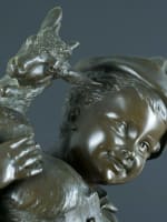 Grand bronze ancien sculpture portrait enfant au chevreau Emile Laporte XIXe 1M - Miniature 11