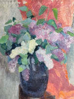 Tableau ancien Art déco Sigrist nature morte bouquet de fleurs aux lilas vase - Miniature 1