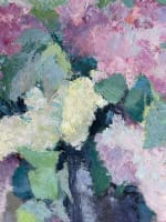 Tableau ancien Art déco Sigrist nature morte bouquet de fleurs aux lilas vase - Miniature 4