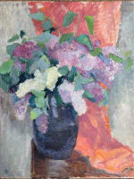 Tableau ancien Art déco Sigrist nature morte bouquet de fleurs aux lilas vase - Miniature 13