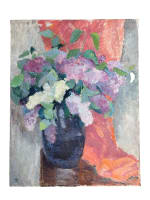 Tableau ancien Art déco Sigrist nature morte bouquet de fleurs aux lilas vase - Miniature 14